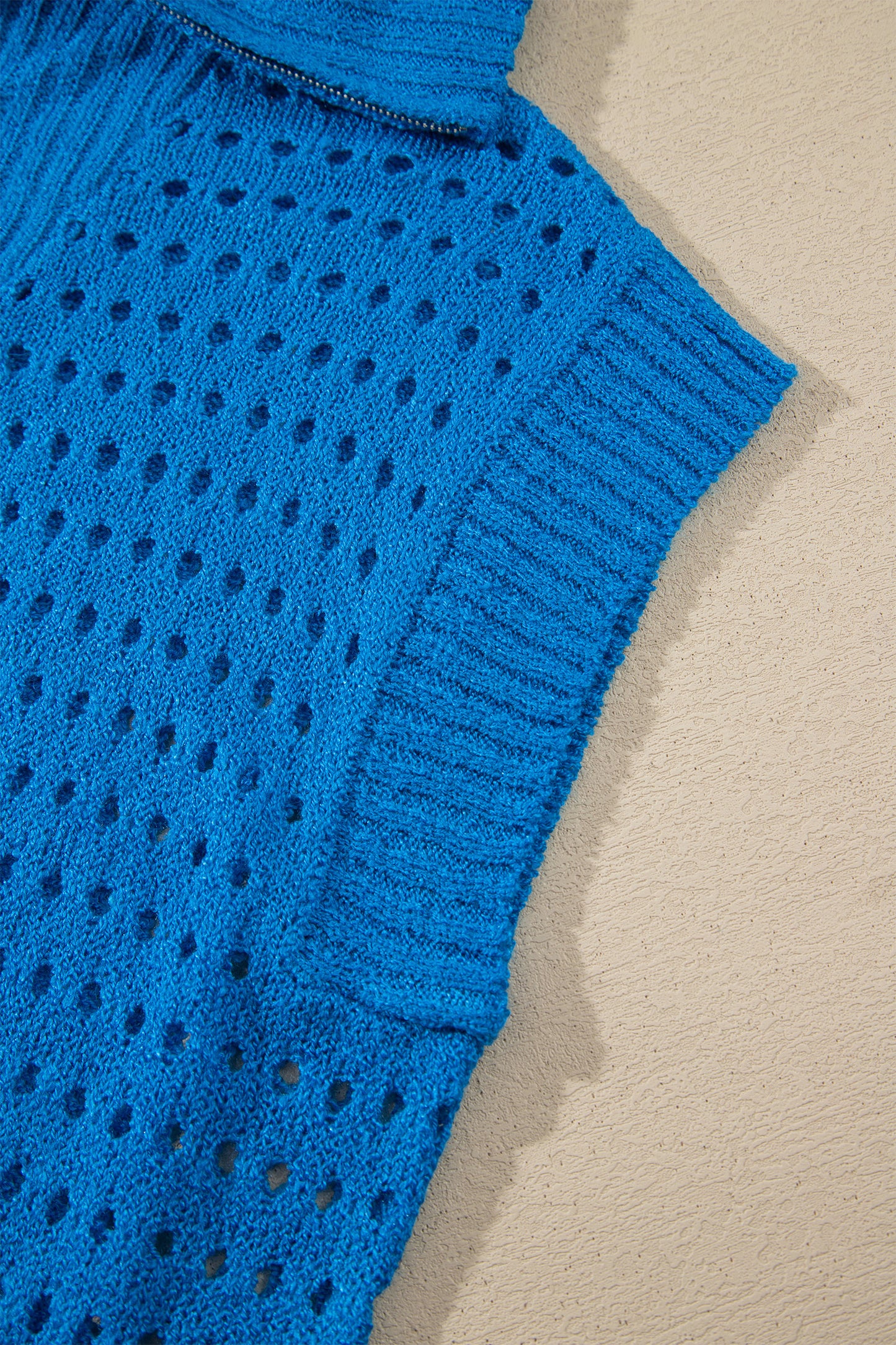 Sky Blue Solid Color Hollowed Knit Short Sleeve Zipper Collar Knitwear Top