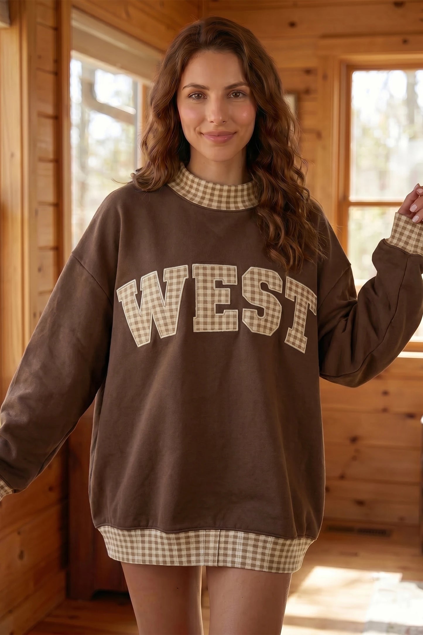 Plaid Trim High Neck SOUTH Letter Graphic Baggy Sweatshirt