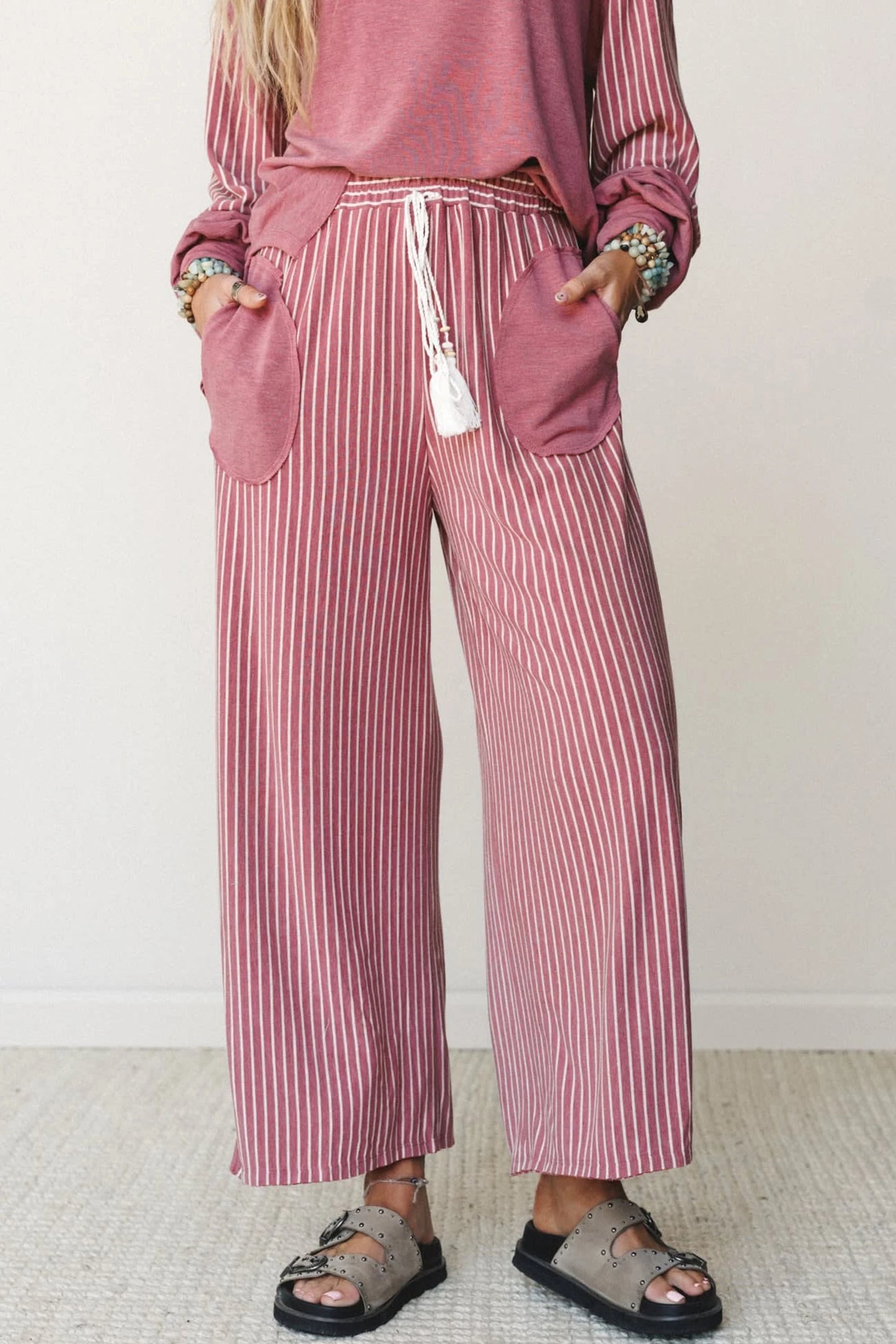 Fushia Raw Seam Patchwork Long Sleeve Top Pocket Casual Pants 2pcs Set