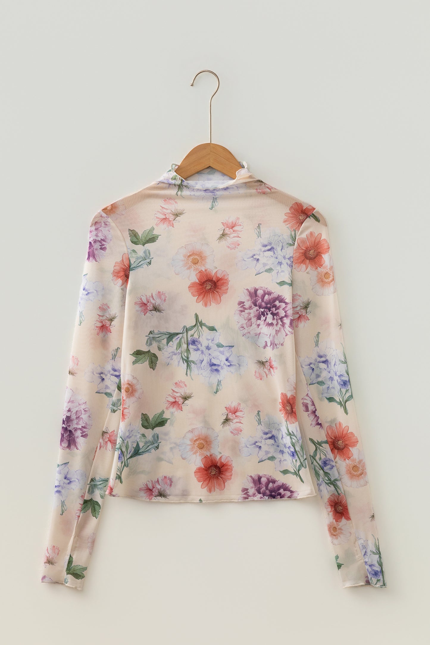 Apricot Floral Mesh Thumbhole Long Sleeve Slim Top