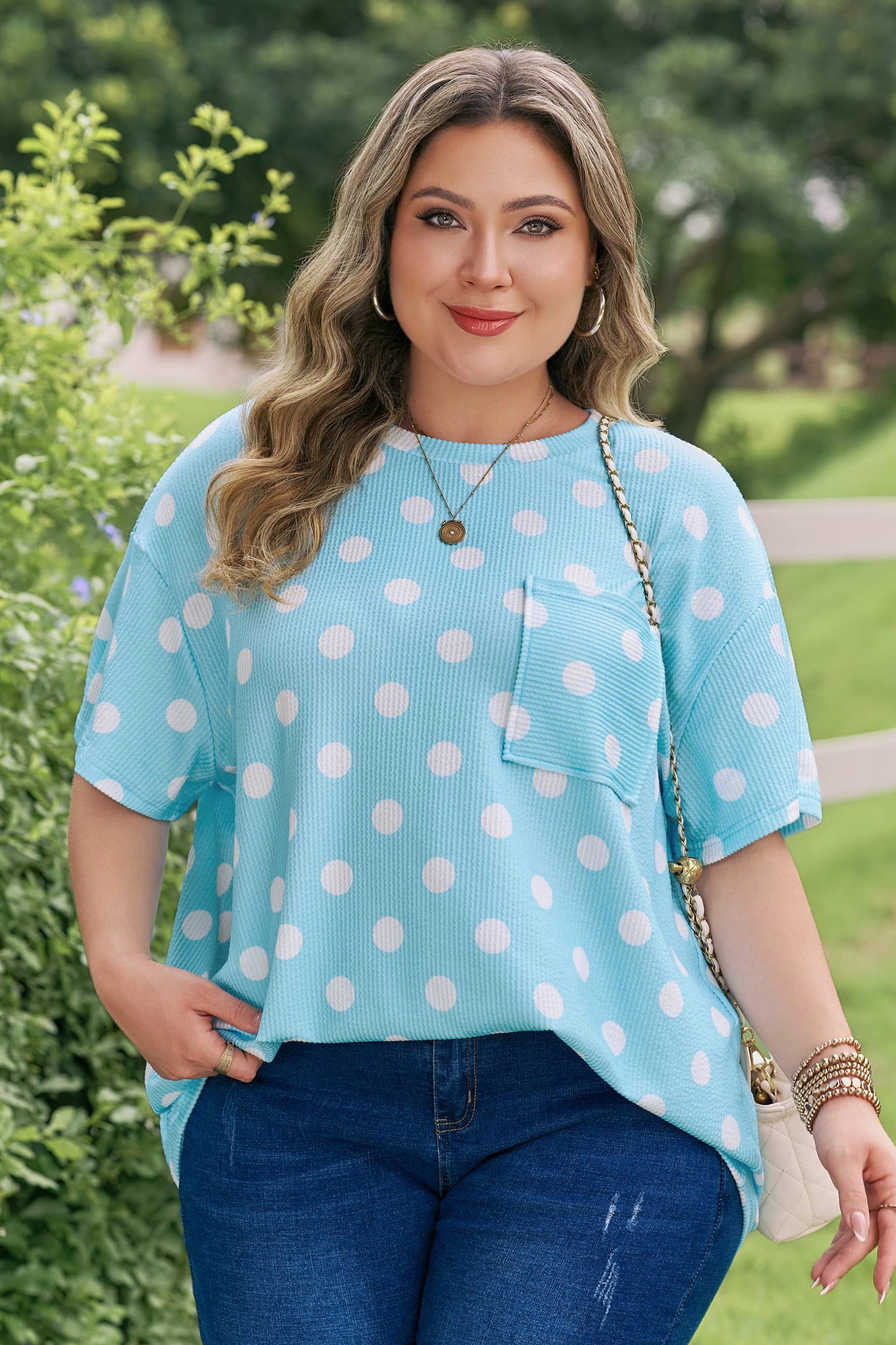 Polka Dot Waffle Knit Plus Size Pocket Top