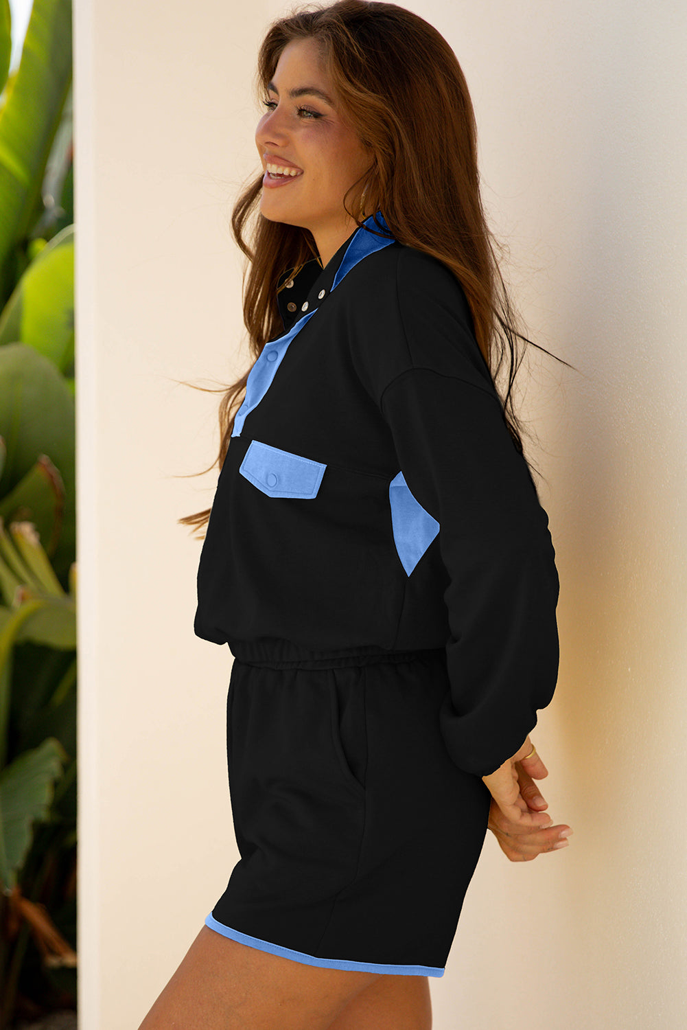 Yellow Color Block Patchwork Half Button Pullover and Shorts 2pcs Outfit