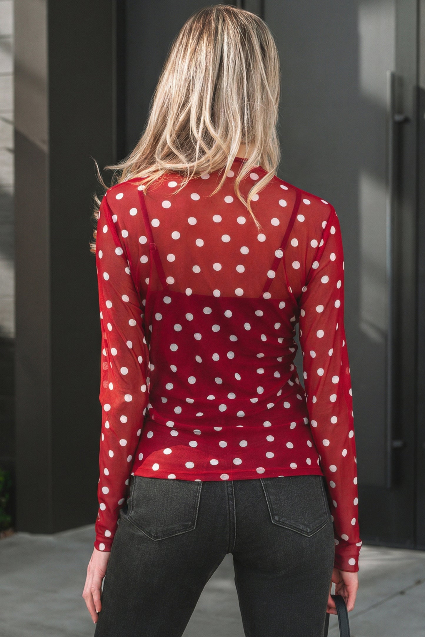 Polka Dot Mesh Long Sleeve Mock Neck Top