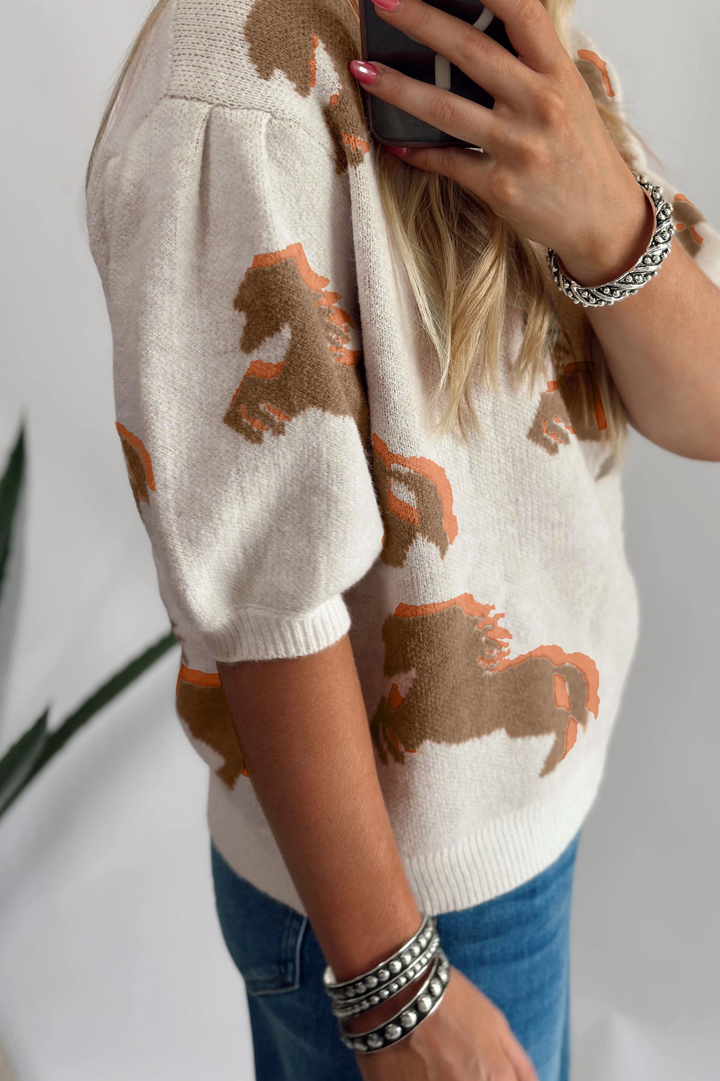 White Western Horse Print Short Sleeve Sweater Top