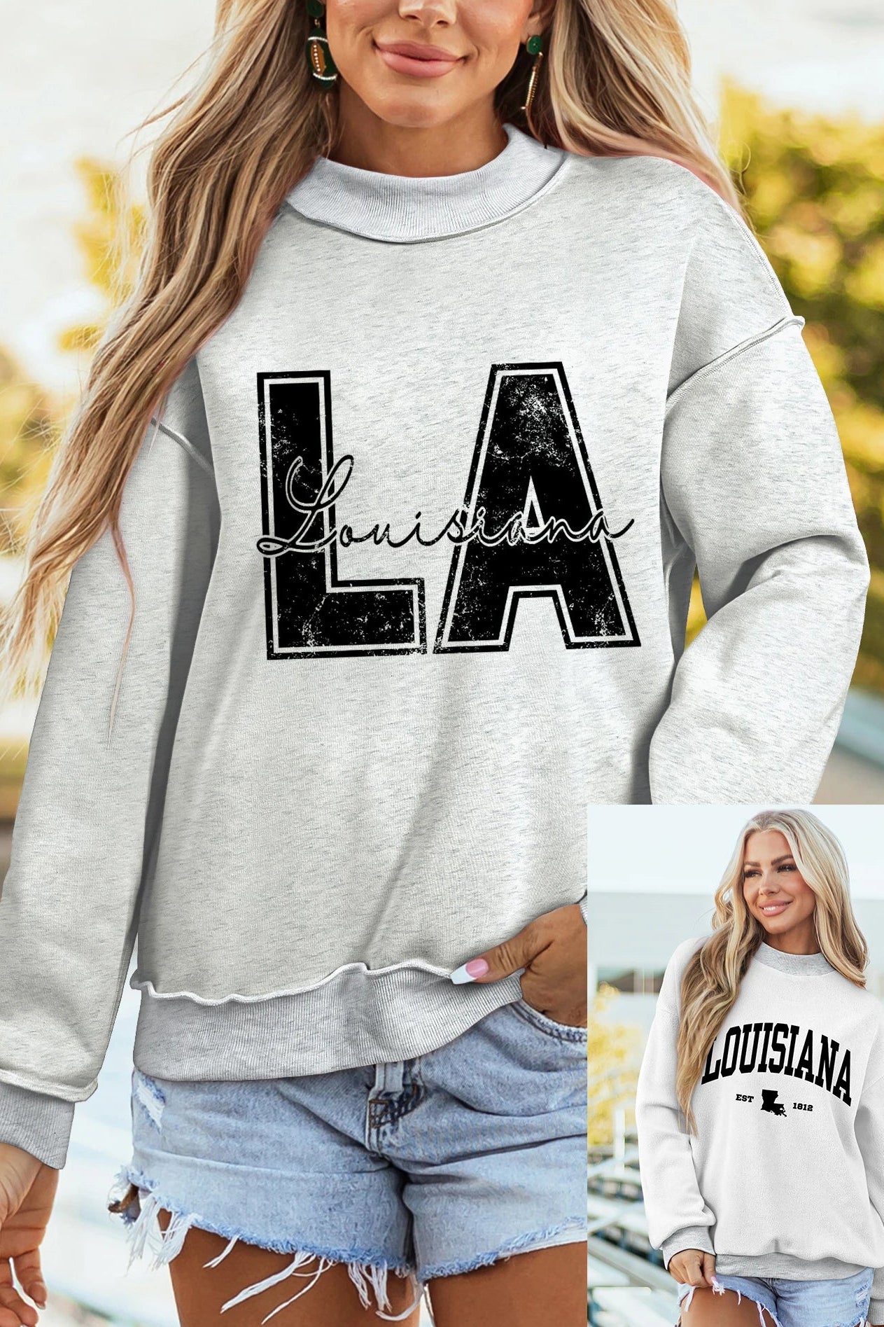 Light Grey LA Letter Print Reversible Double Wear Mock Neck Sweatshirt