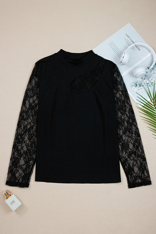 Black Plus Size Lace Patchwork Asymmetric Cutout Sheer Long Sleeve Top