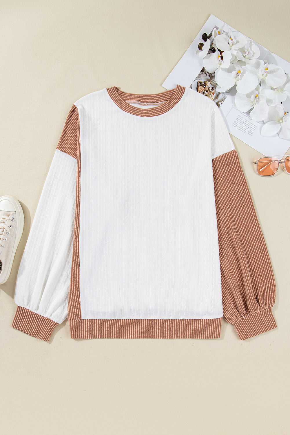 White Cable Texture Ribbed Color Block Plus Size Knit Top