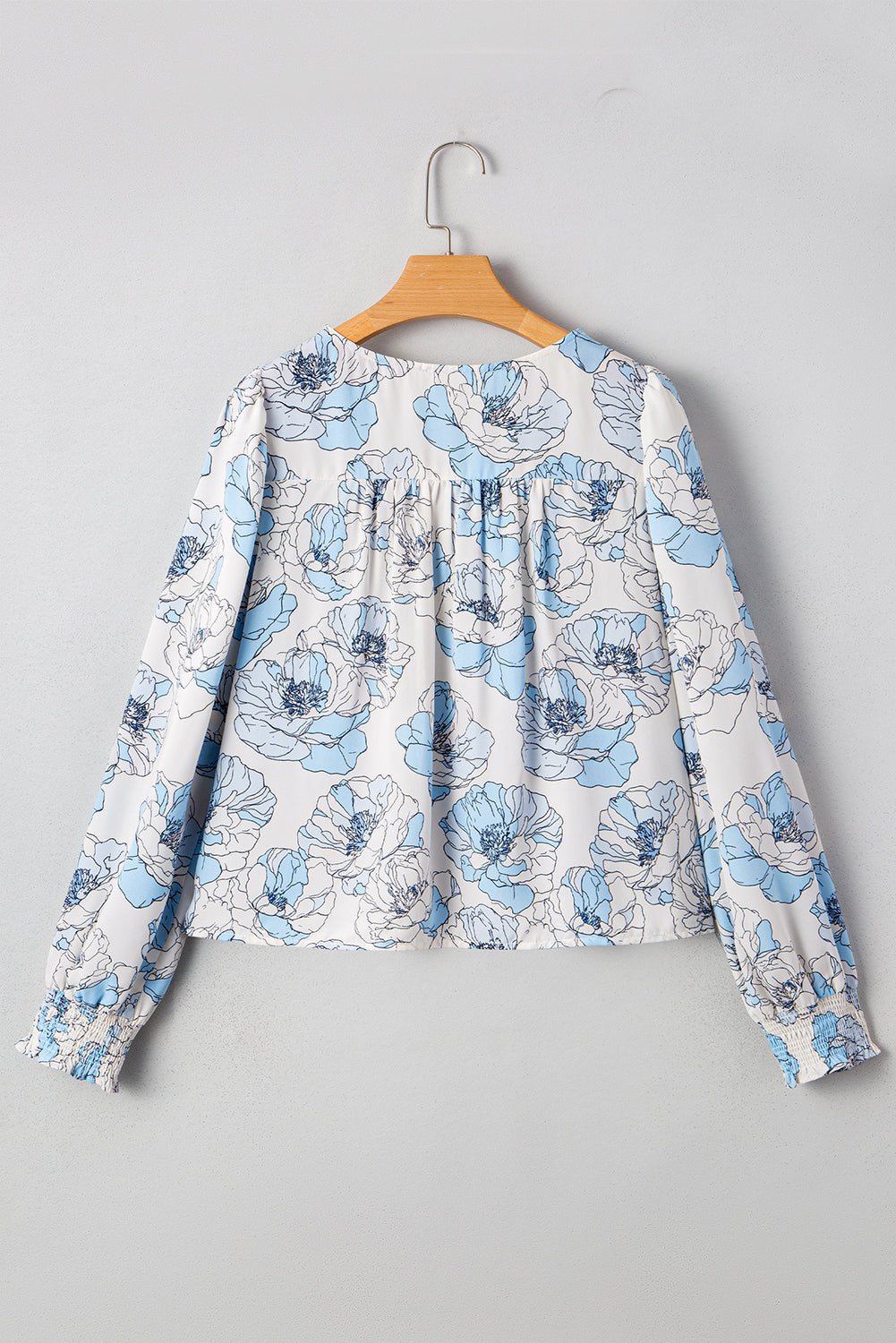 Sky Blue Floral Print Frilly Smocked Square Neck Long Sleeve Blouse