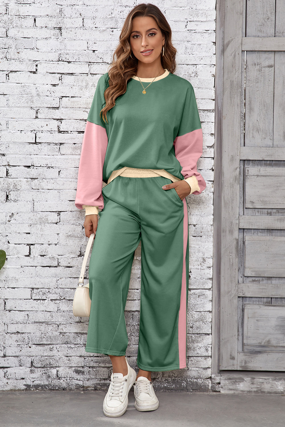 Blackish Green 2pcs Color Block Pullover Loose Pant Set