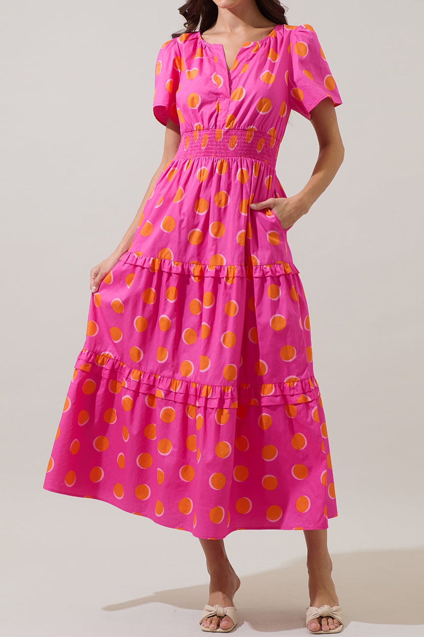 Polka Dot Midi Dress V Neck Smocked Summer Dress
