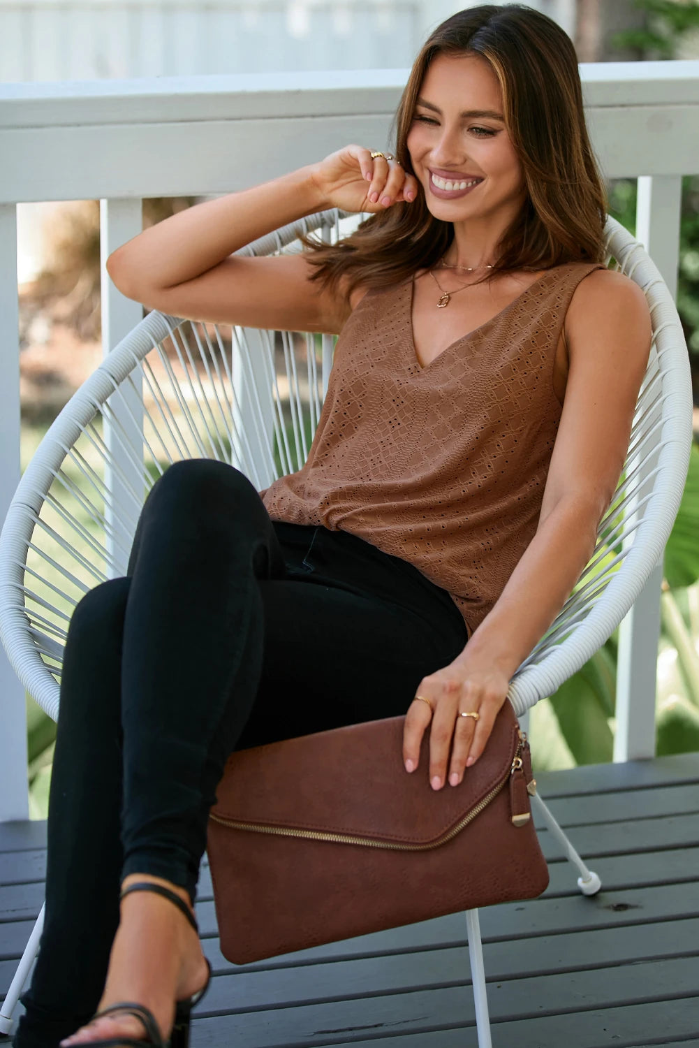 Eyelet Knit Patterned Loose V Neck Tank Top