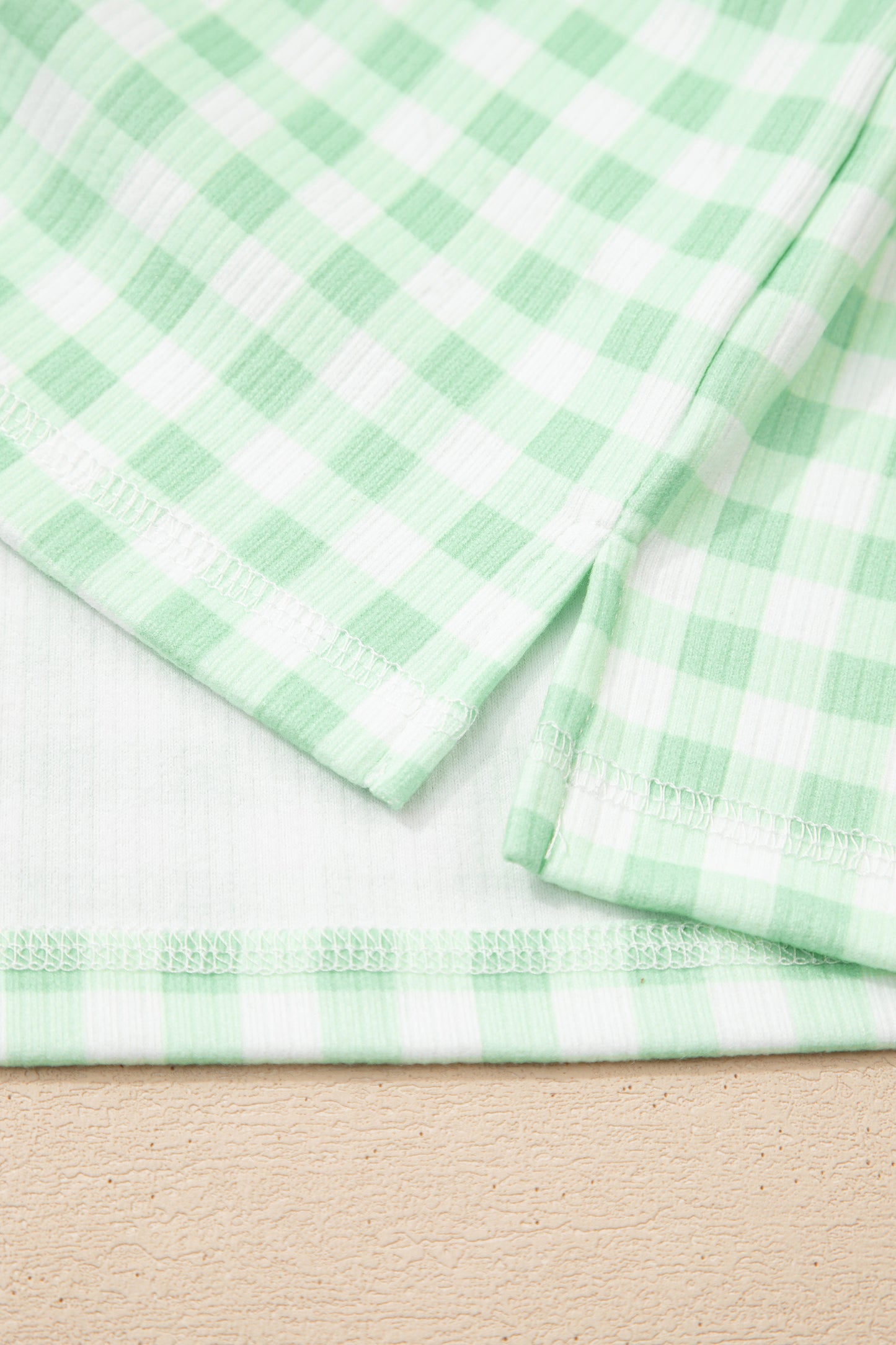 Green Gingham Long Sleeve Loose Top Drawstring Shorts 2pcs Lounge Set