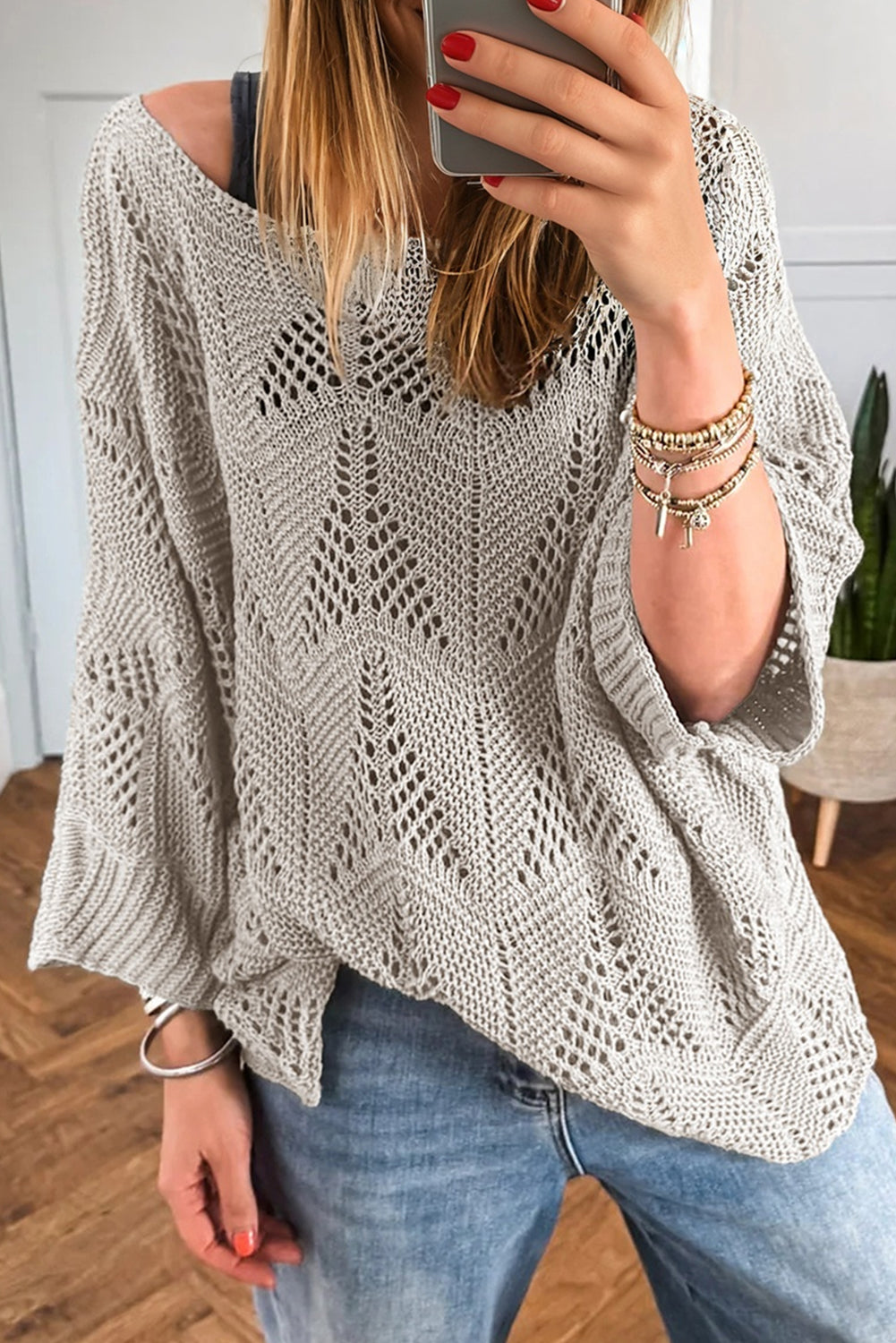Parchment Hollow Out Knit 7/8 Sleeve Casual Sweater
