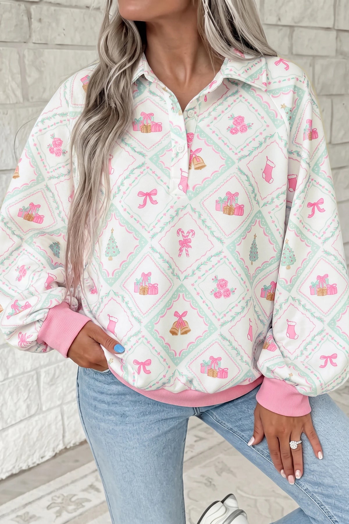 White Christmas Patchwork Collar Long Sleeve Pullover Sweatshirt