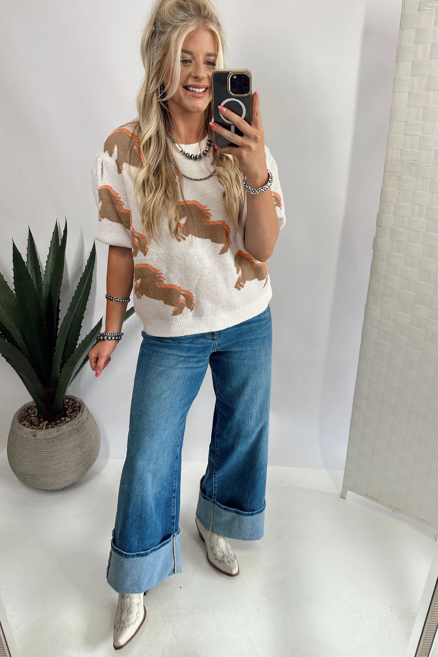 White Western Horse Print Short Sleeve Sweater Top