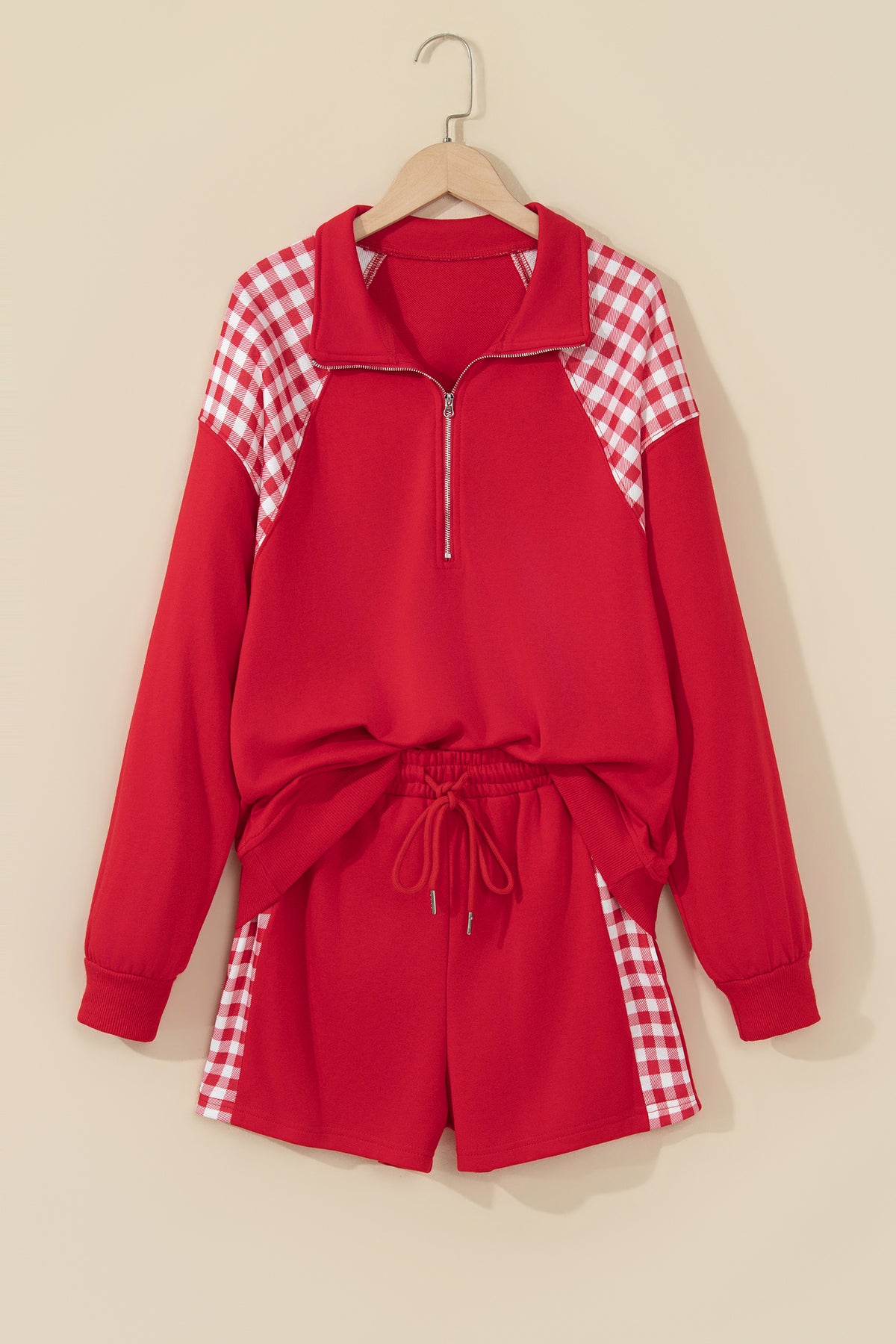 Fiery Red Plaid Patchwork Half Zip Pullover Drawstring Short Set