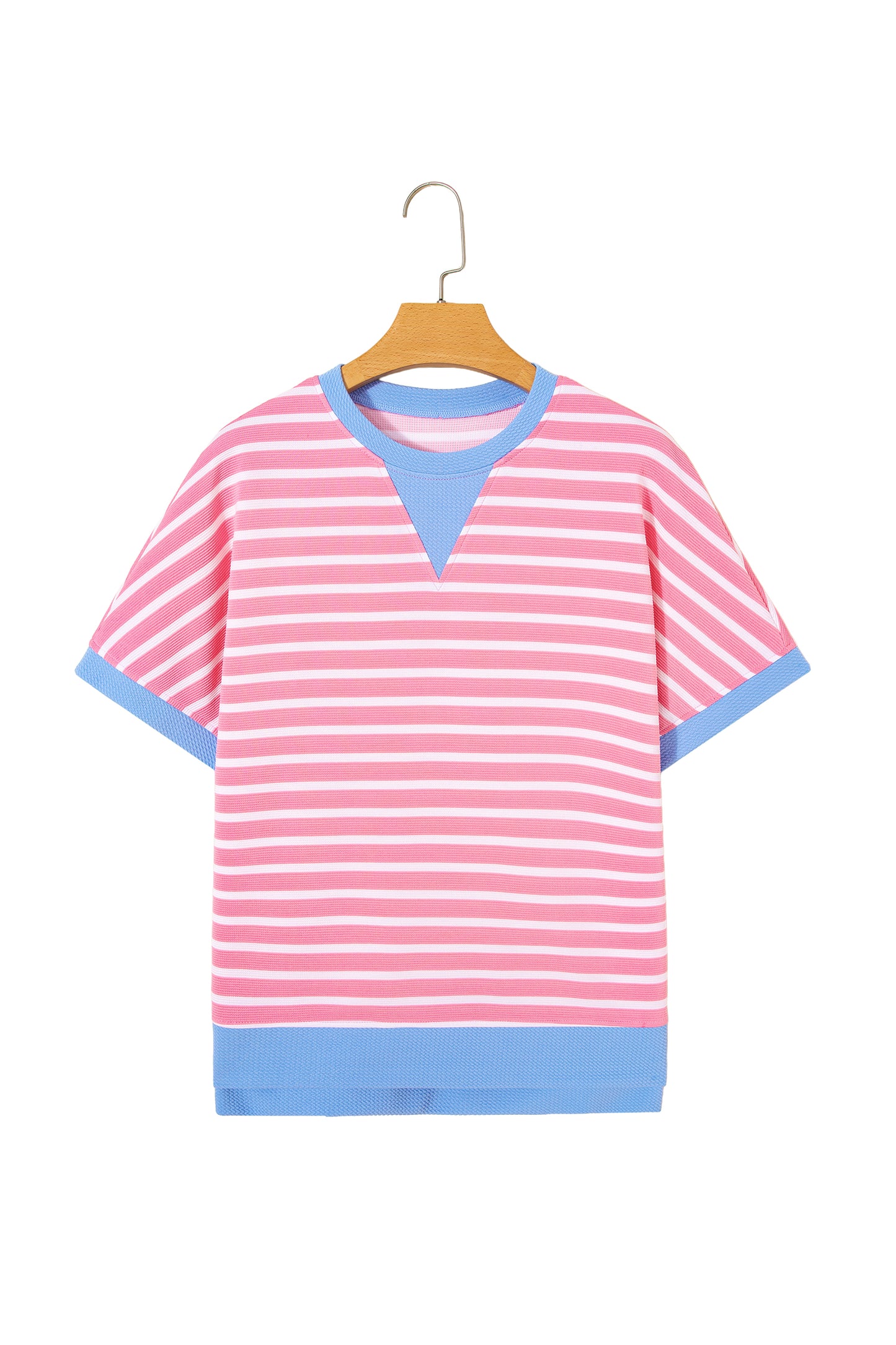 Sky Blue Stripe Contrast Trim Loose Short Sleeve Top