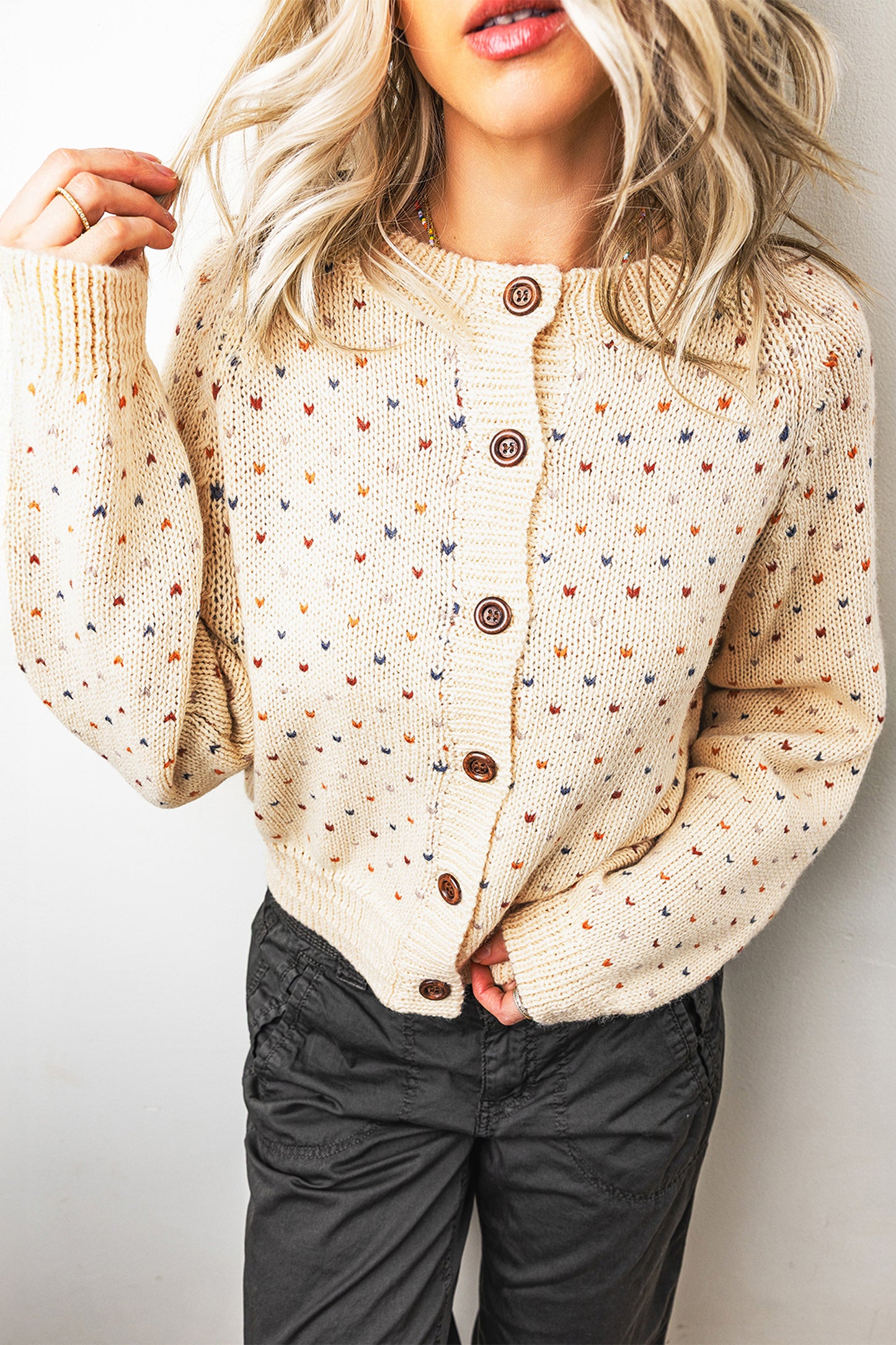 Beige Geometric Print Button Front Long Sleeve Regular Fit Cardigan