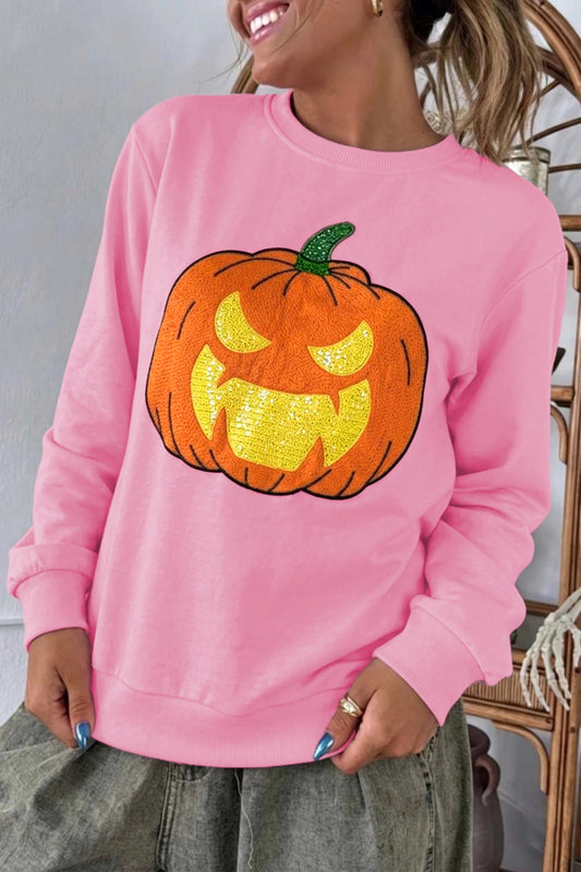 Pink Embroidered Pumpkin Face Long Sleeve Round Neck Sweatshirt