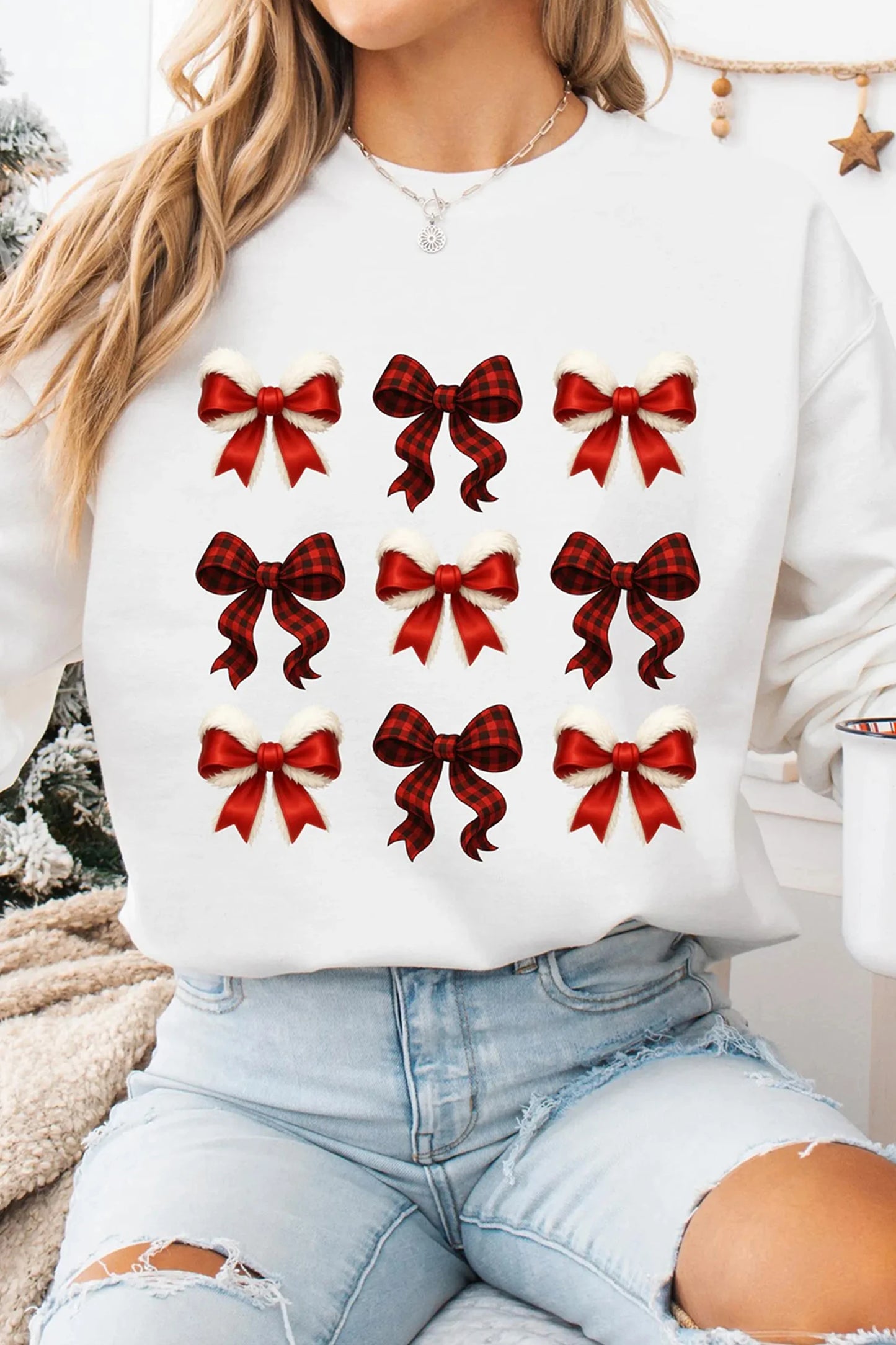 White Festive Bow Graphic Christmas Holiday Classic Sweatshirt