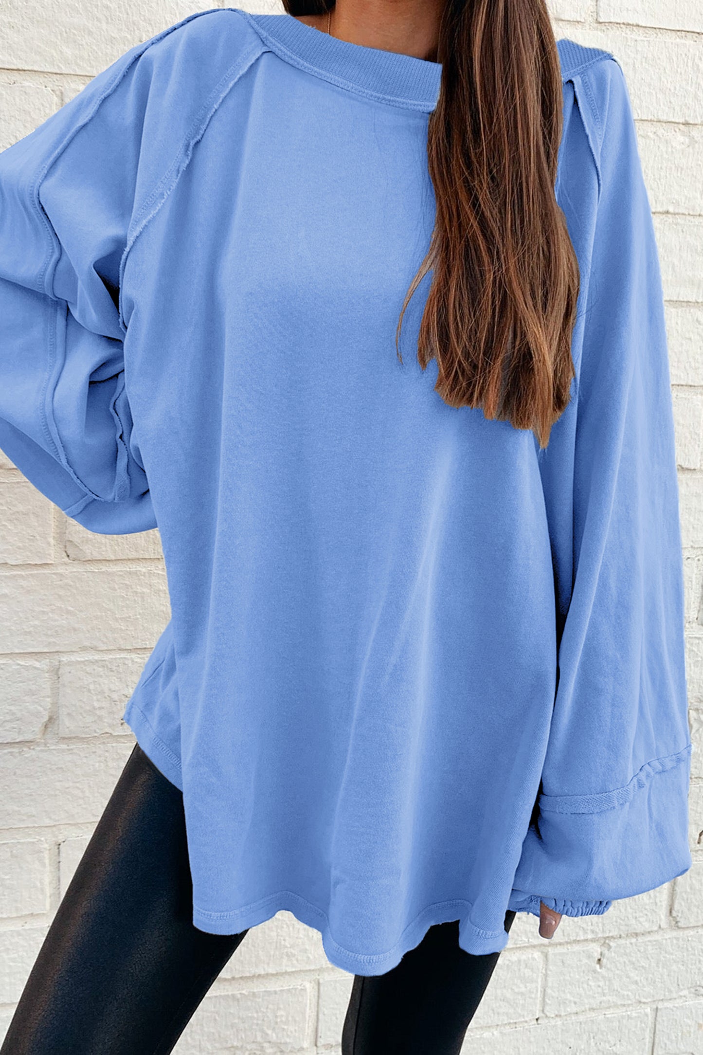 Beige Solid Color Raw Seam Patchwork Baggy Sweatshirt