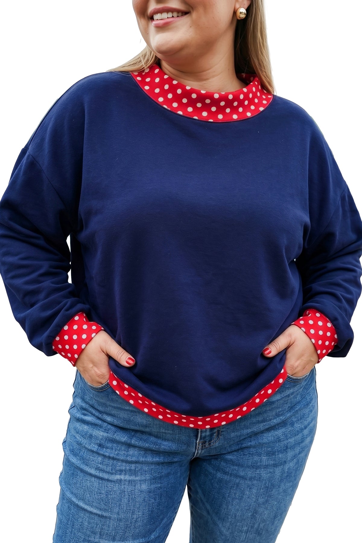 Red Polka Dot Patchwork Round Neck Plus Size Sweatshirt