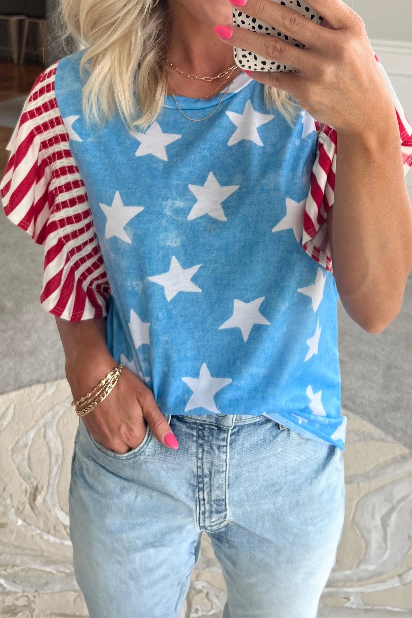 Sky Blue Vintage Star Print Striped Ruffle Sleeve Independence Day Top
