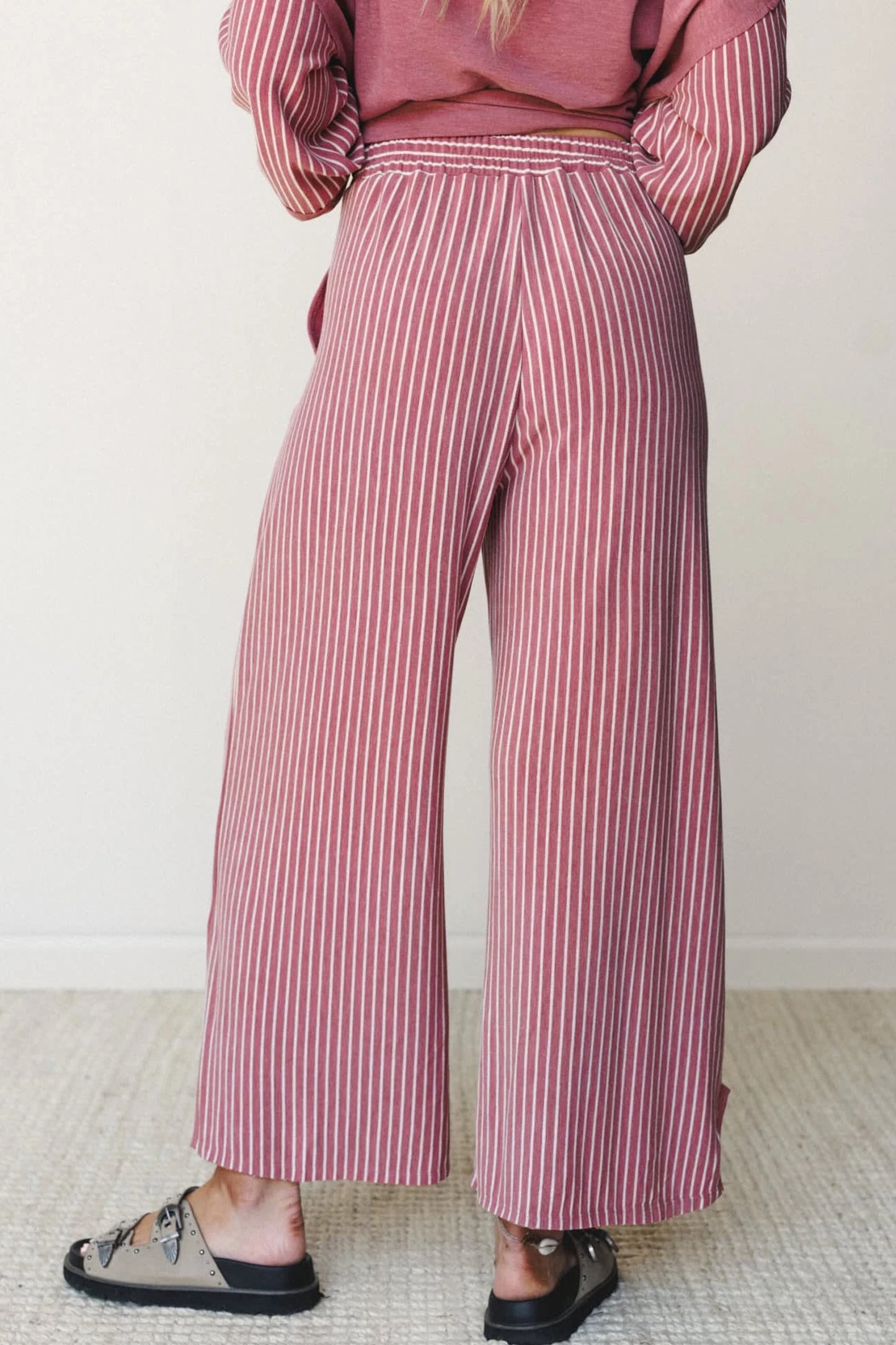 Fushia Raw Seam Patchwork Long Sleeve Top Pocket Casual Pants 2pcs Set