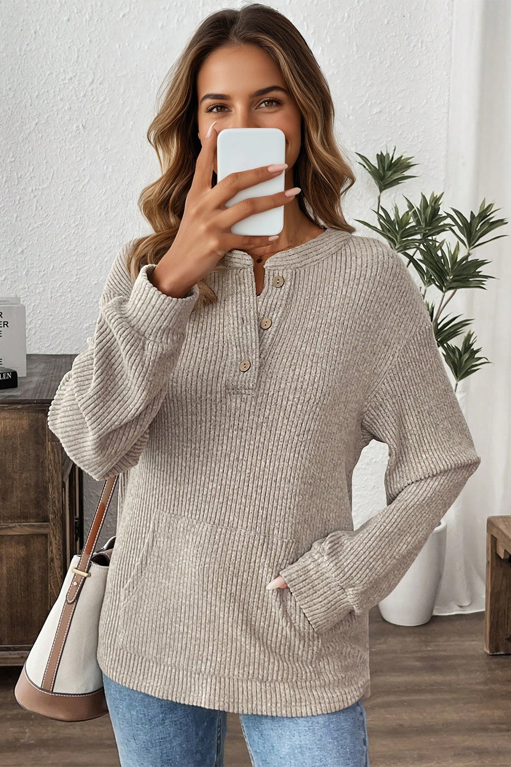 Ribbed Texture Drop Shoulder Henley Knit Top
