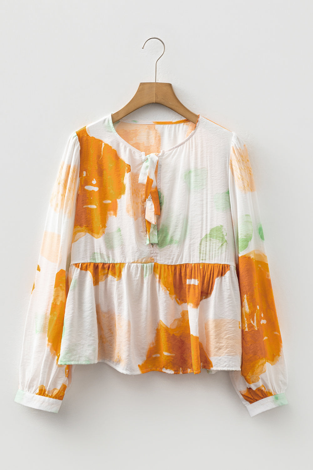 Carrot Abstract Floral Print Bow Tie Long Puff Sleeve Blouse