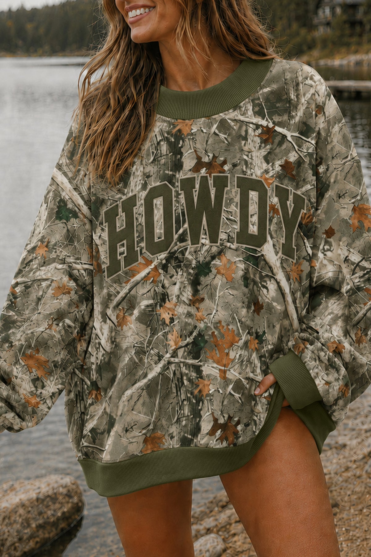 Beige Western Mallard Letter Print Baggy Pullover Sweatshirt