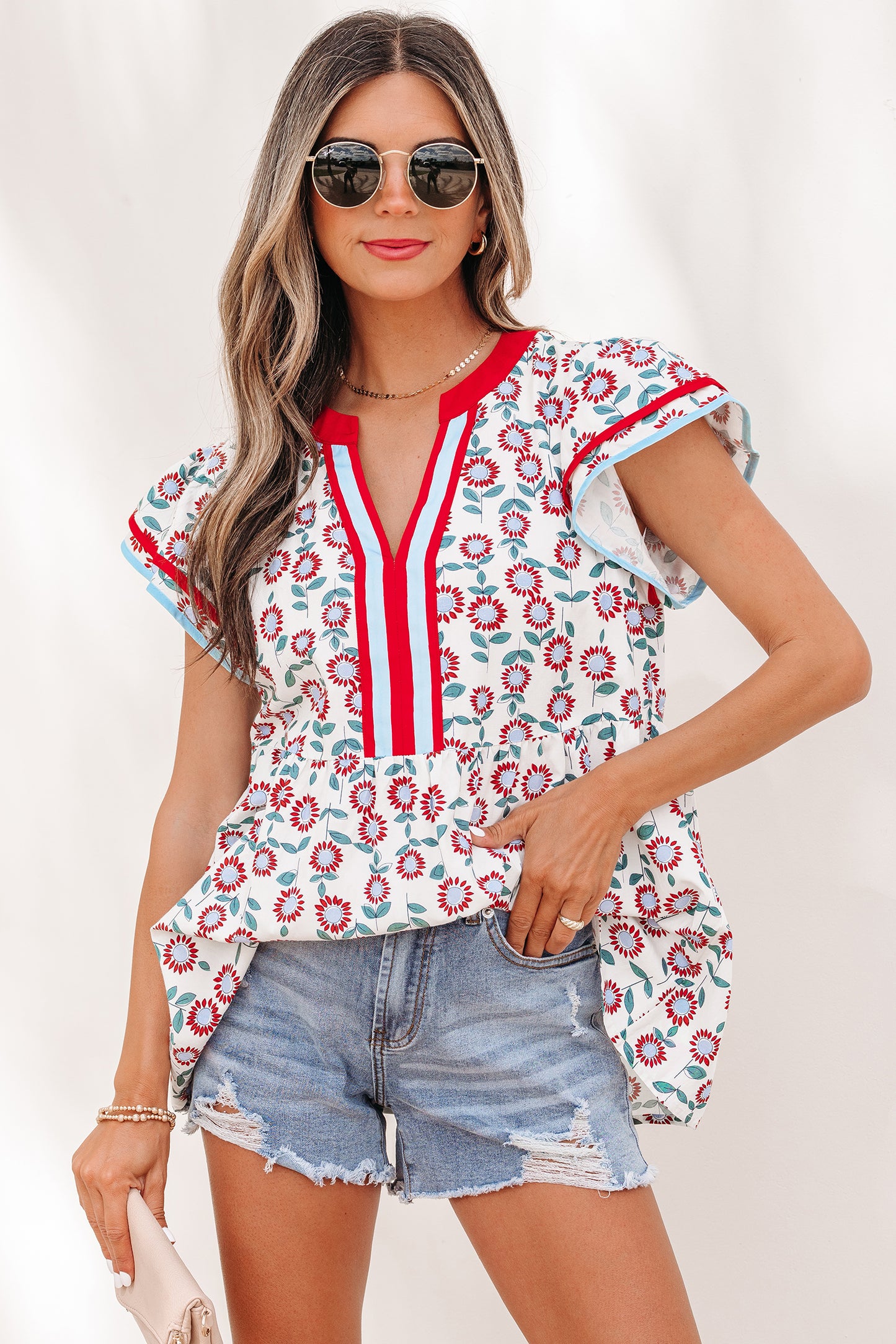 Floral Cotton Blend Babydoll Blouse Flutter Sleeve Top