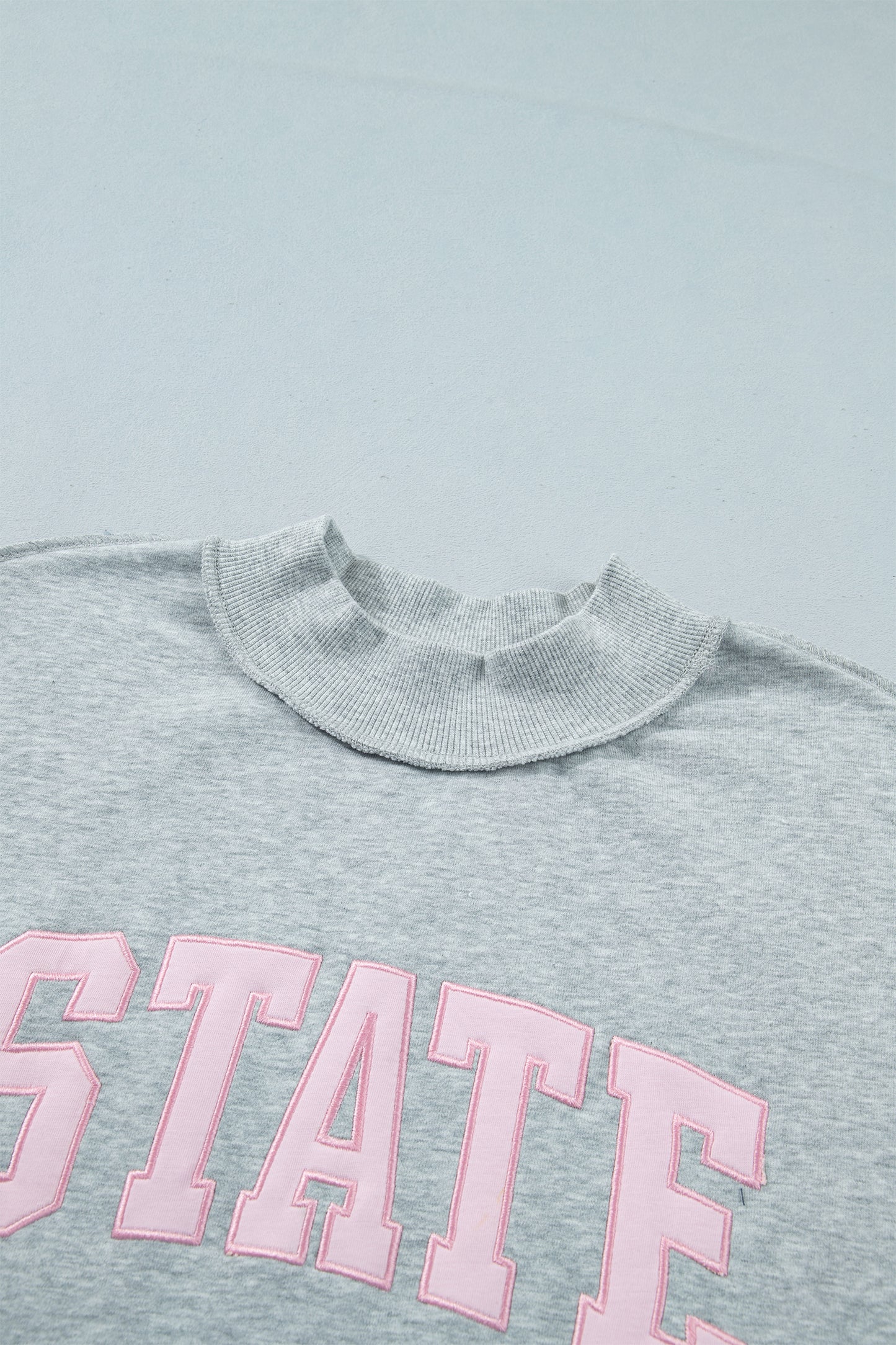 Light Grey Exposed Seam Mock Neck Letter Embroidered Loose Sweatshirt