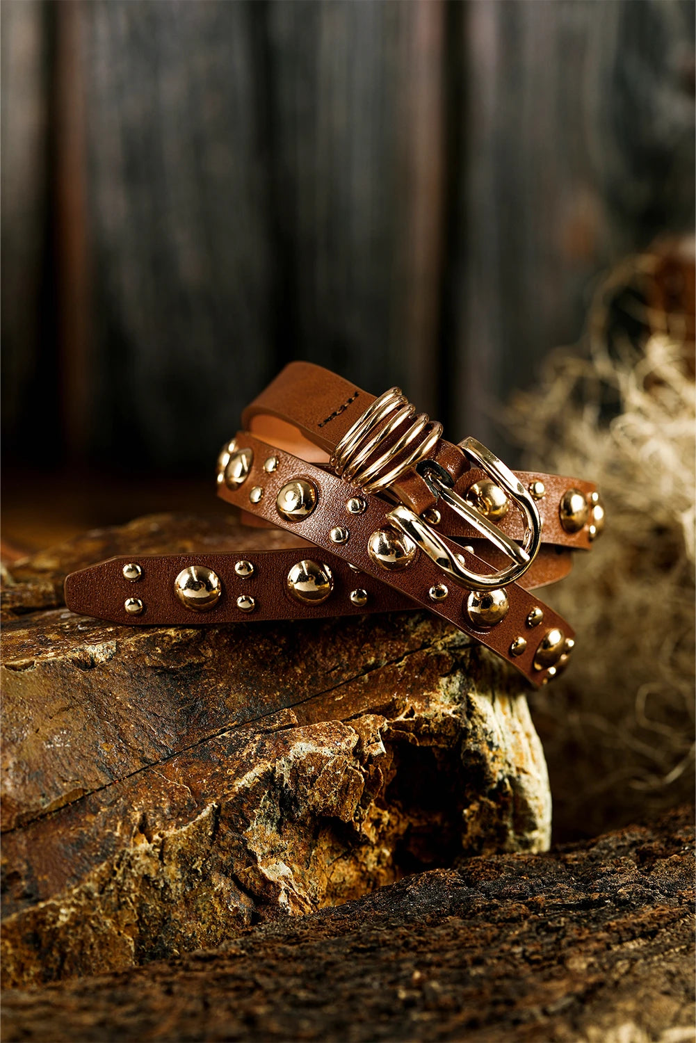 Thai Curry Faux Leather Golden Studded Ring Detail Belt