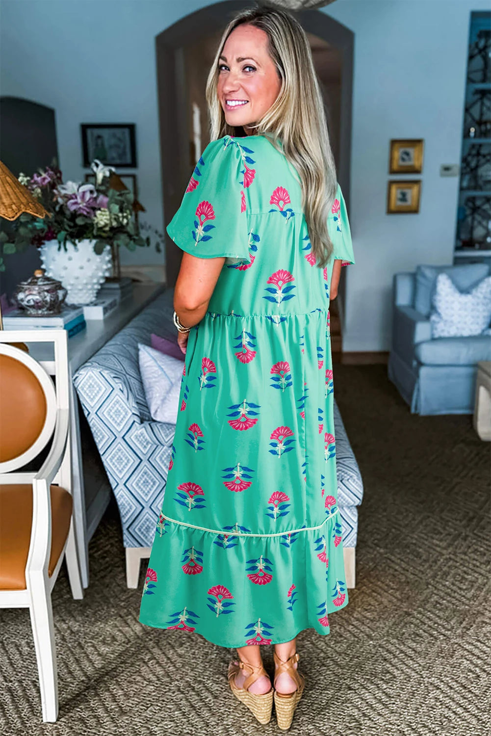 Floral Print Notched Neck Butterfly Sleeve Shift Long Dress