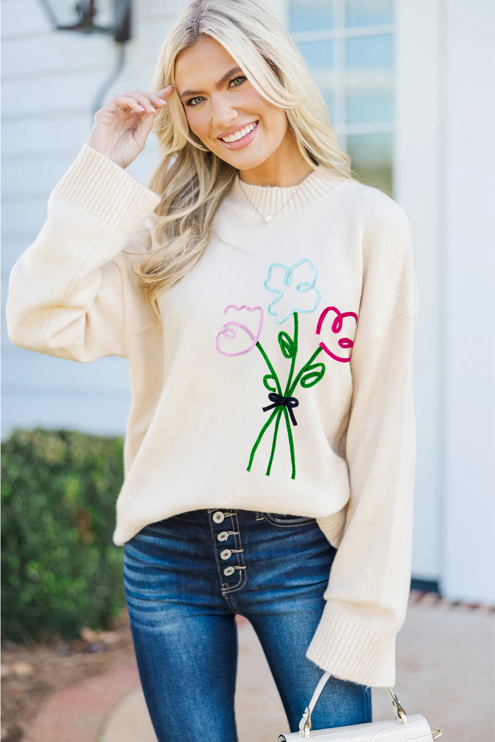 White Embroidered Flower Bouquet Ribbed Trim Loose Sweater