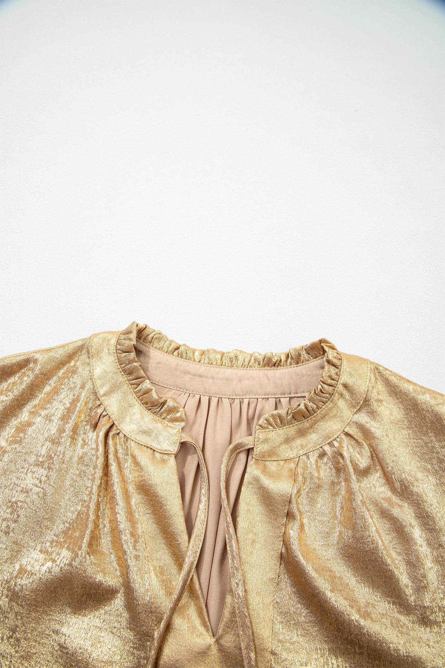 Gold Metallic Sheen V Neck Gathered Cuff Long Sleeve Blouse