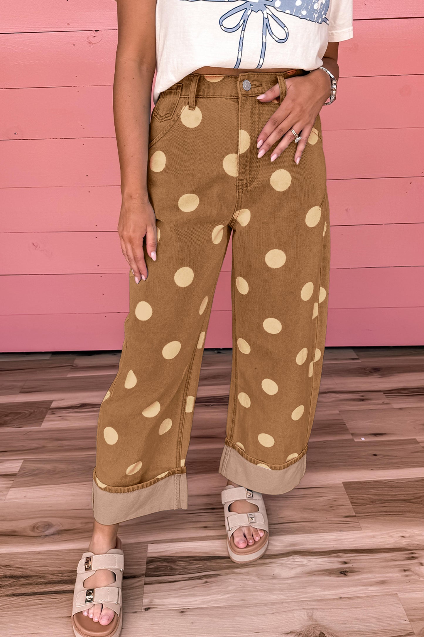 Sky Blue Polka Dot Ankle-Length Metal Button Casual Jeans