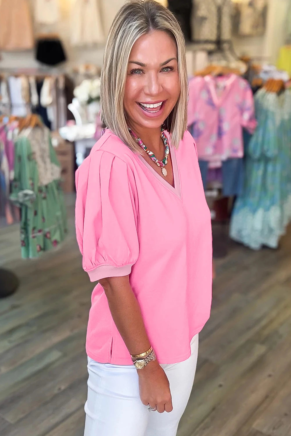 Solid Color V Neck Short Puff Sleeve Blouse