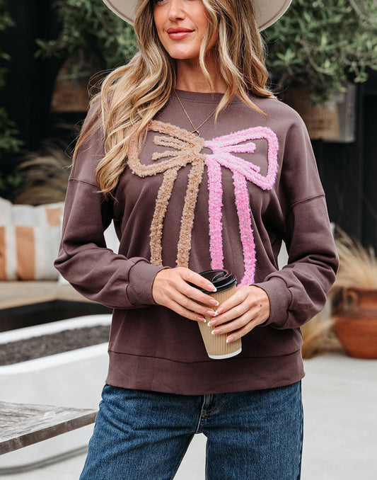 Dark Khaki Contrast Terry Bow Pattern Drop Shoulder Sweatshirt