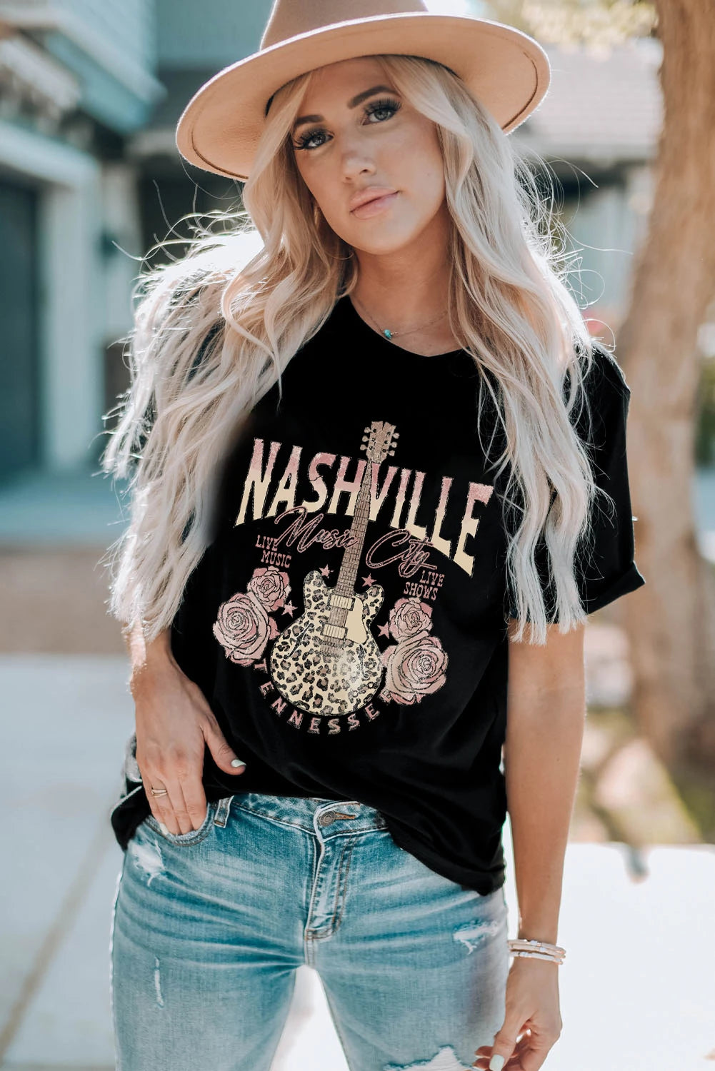 Black Nashville Music City Leopard Guitar Graphic T Shirt