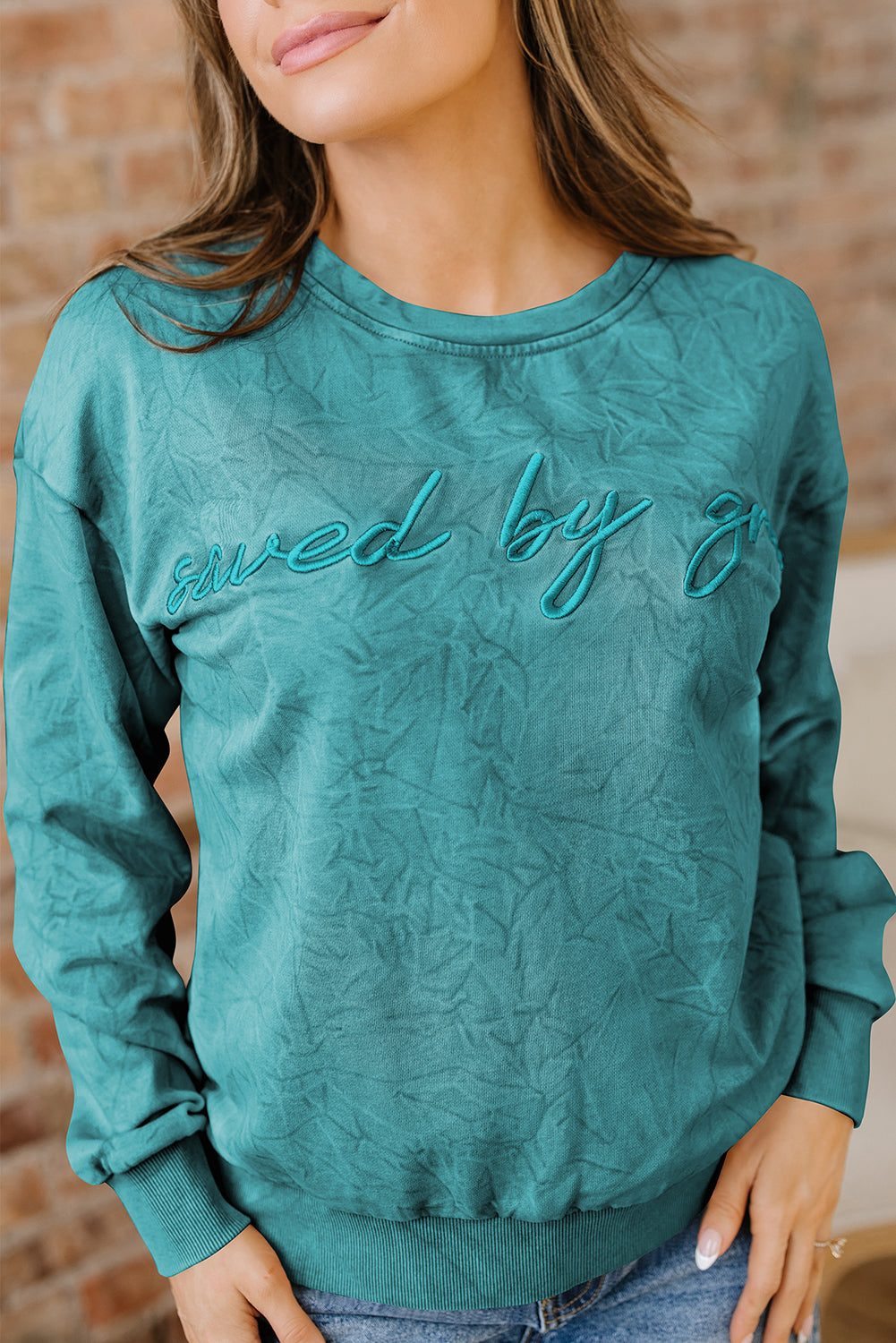 Saved by grace Letter Embroidery Mineral Wash Loose Sweatshirt