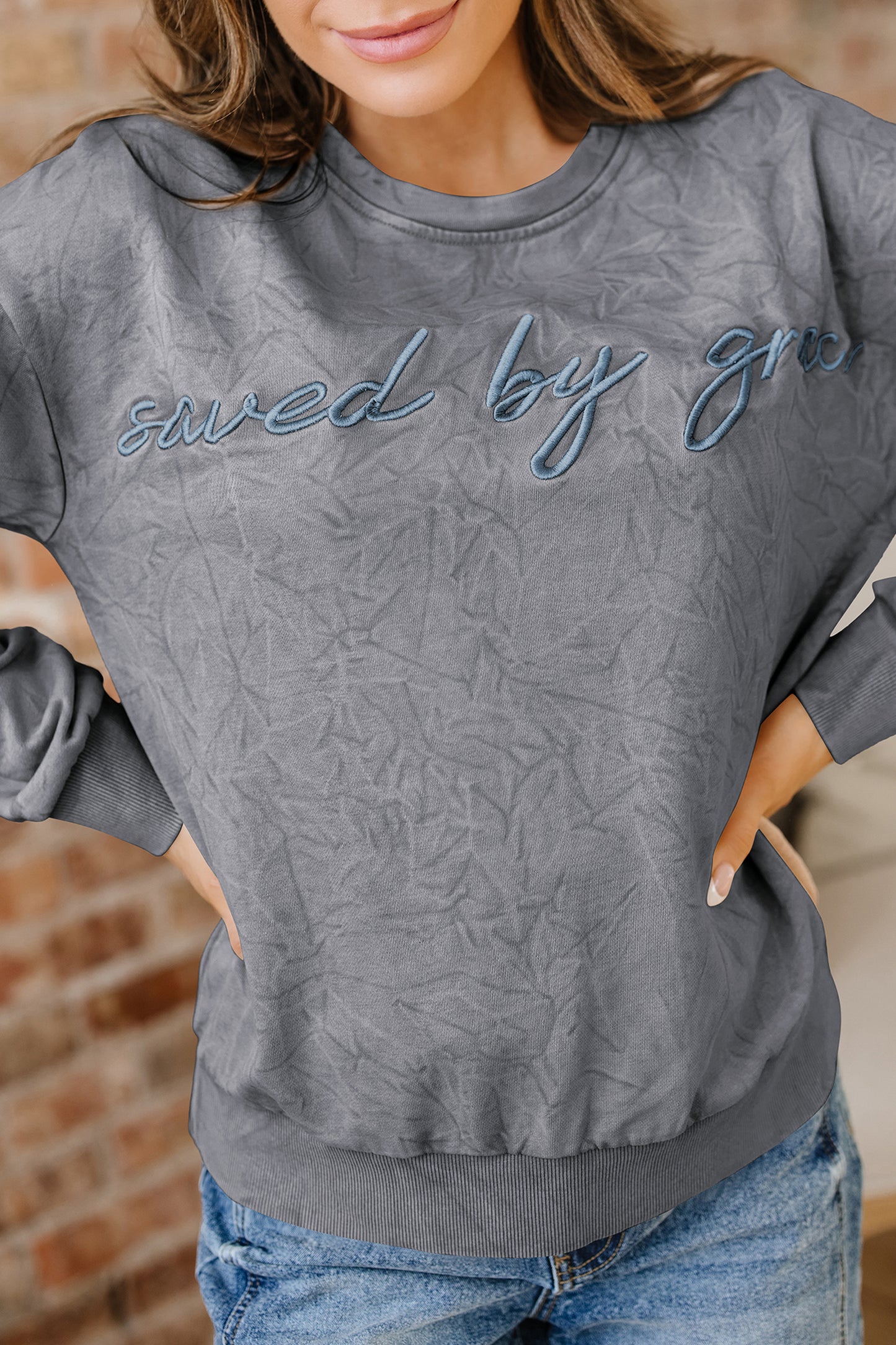Saved by grace Letter Embroidery Mineral Wash Loose Sweatshirt
