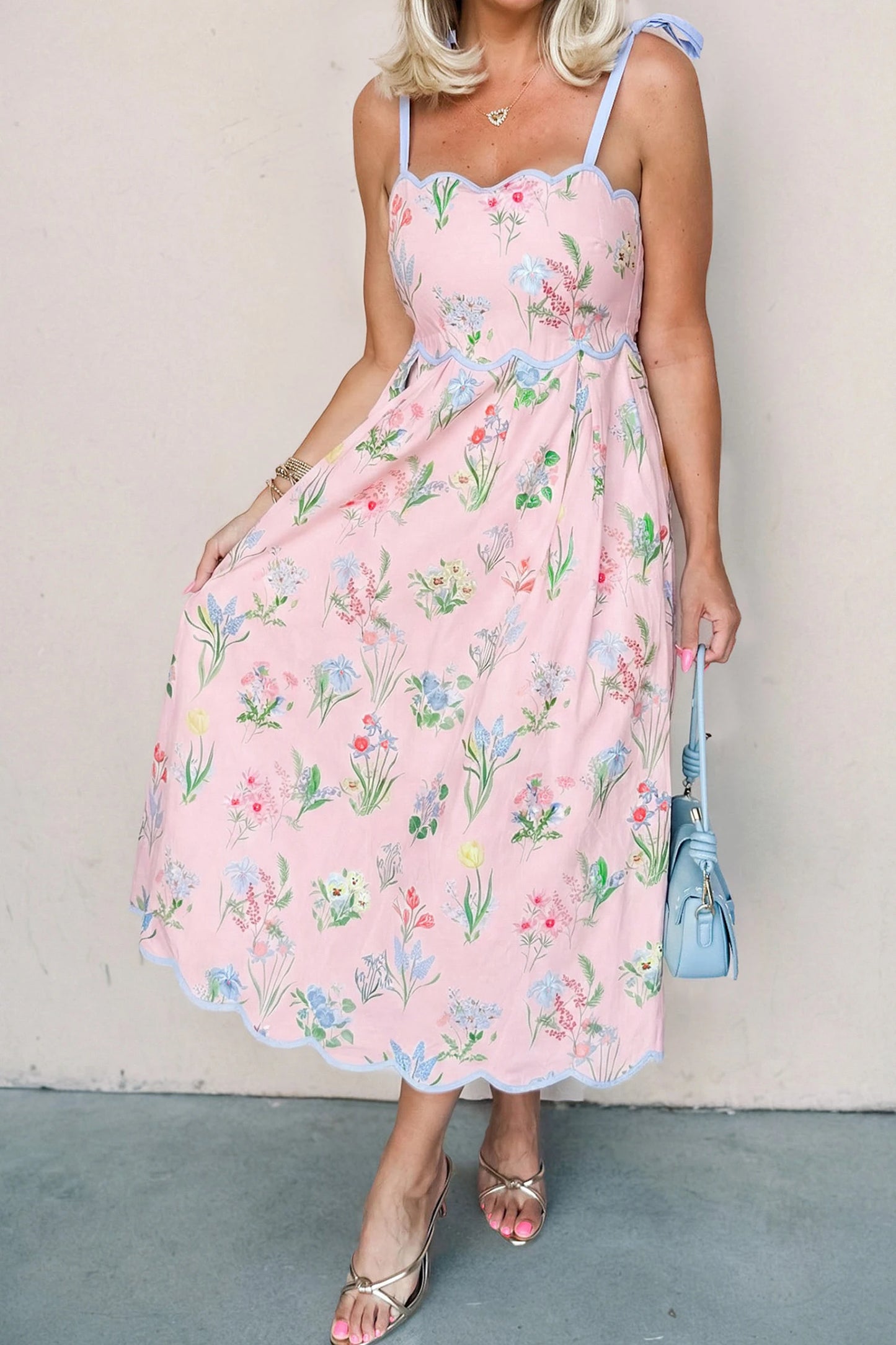 shop similar  shop similar  Beige Floral Print Contrast Trim Self-tie Straps High Waist Midi Dress