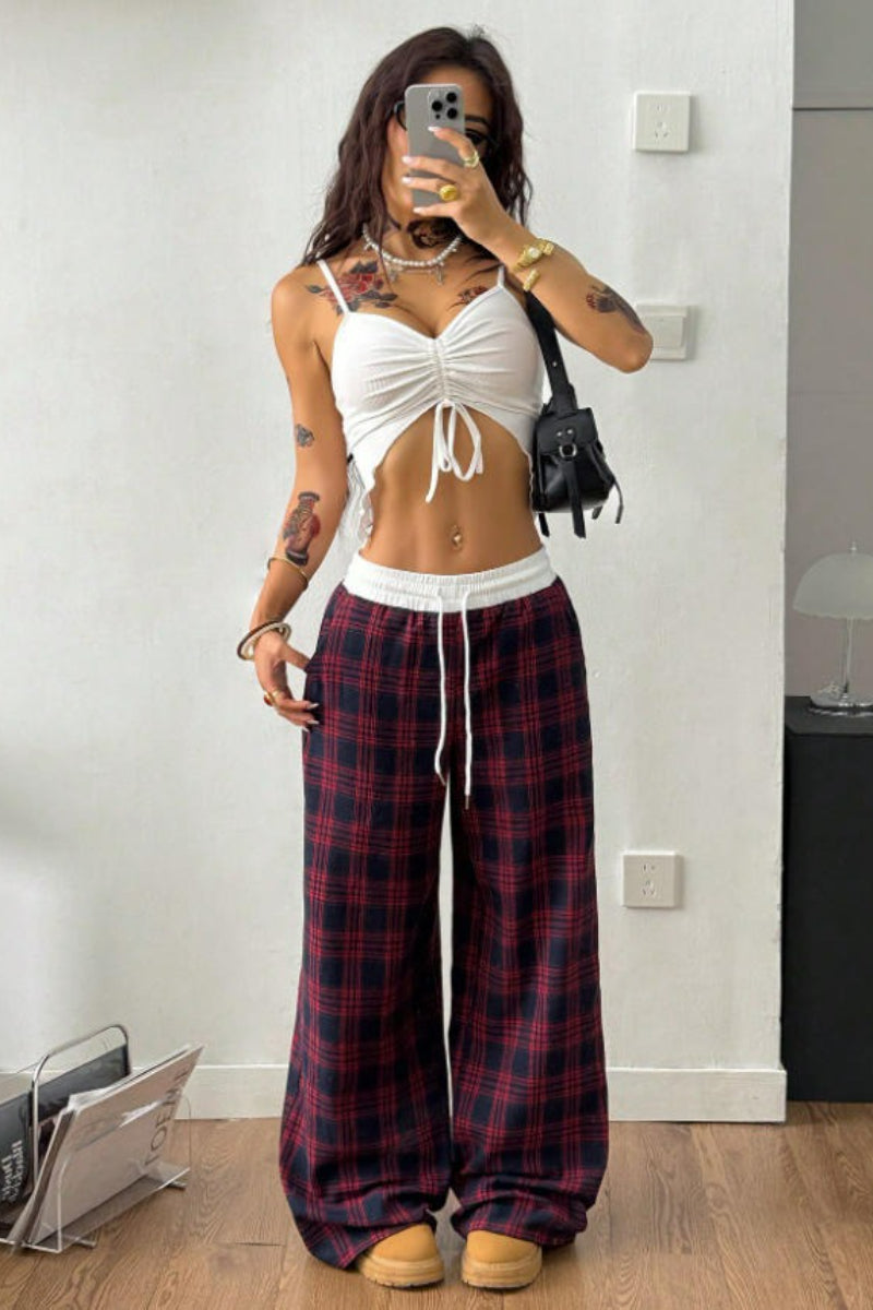 Plaid Wide Leg Pants Drawstring Elastic Waist Casual