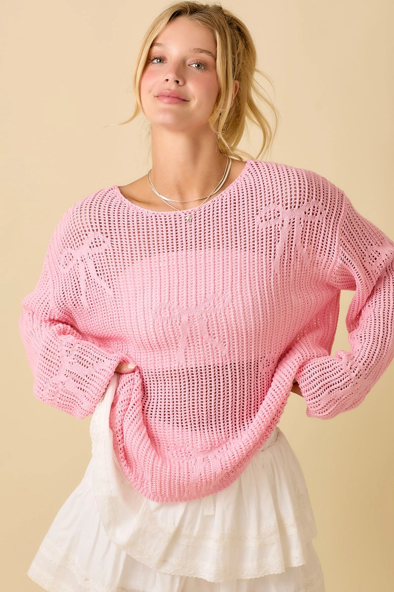 Boat Neck Crochet Knit Sweater Top with Bow Detail