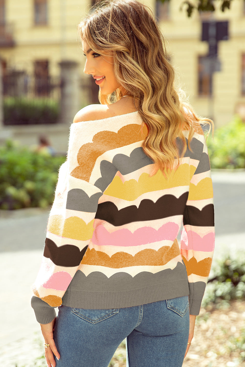 Women's Wave Striped Balloon Sleeve Drop Shoulder Sweater