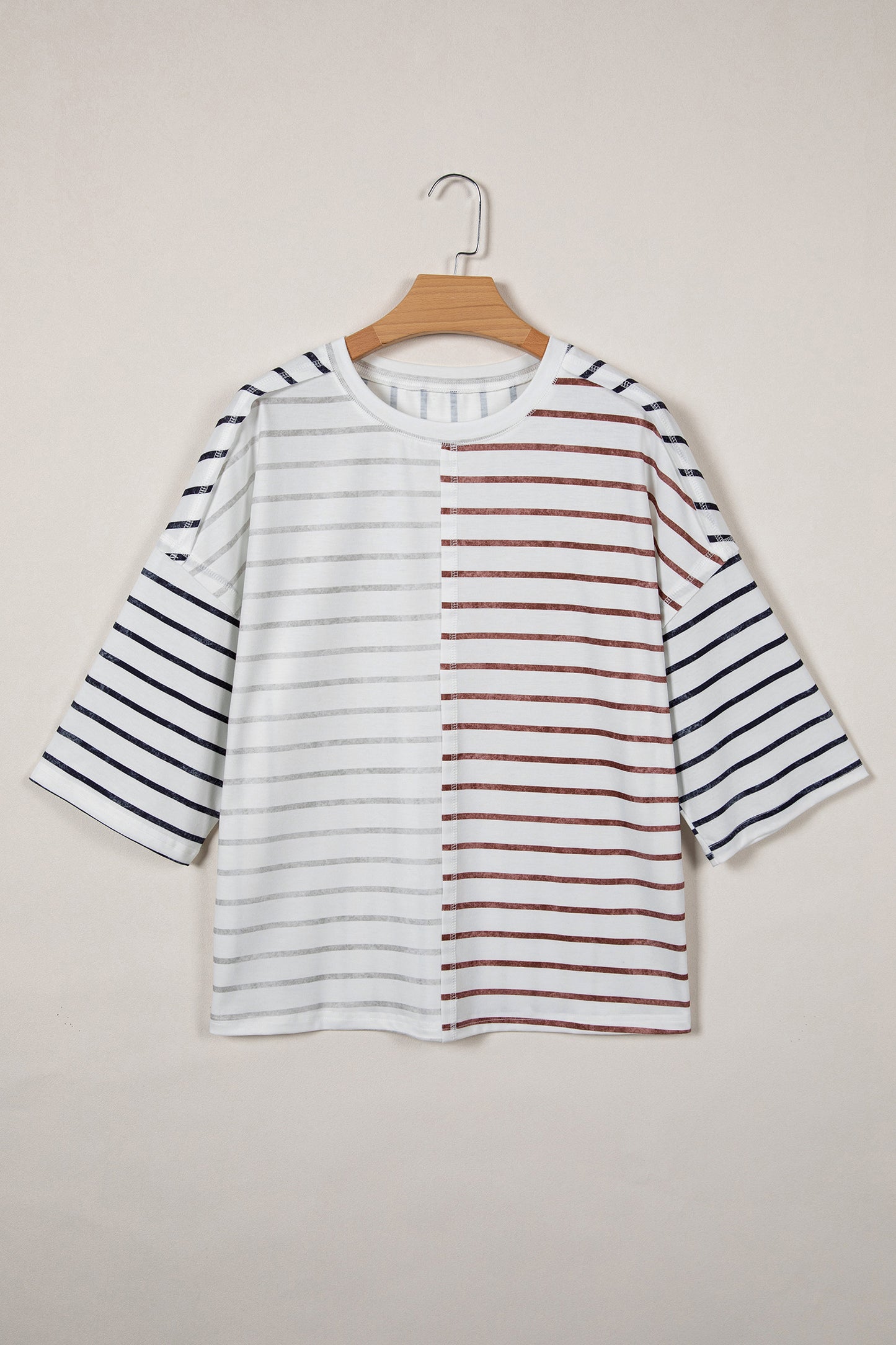 Khaki Stripe Colorblock 3/4 Sleeve Loose T Shirt