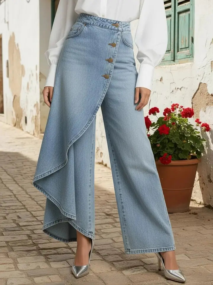 Solid Denim Wide Leg Pants Asymmetric Wrap High Waist Jeans