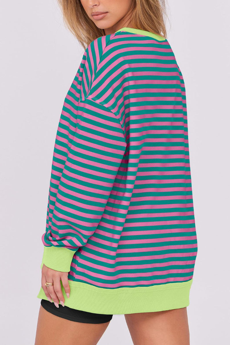 Striped V-Neck Pullover Sweatshirt with Contrast Trim